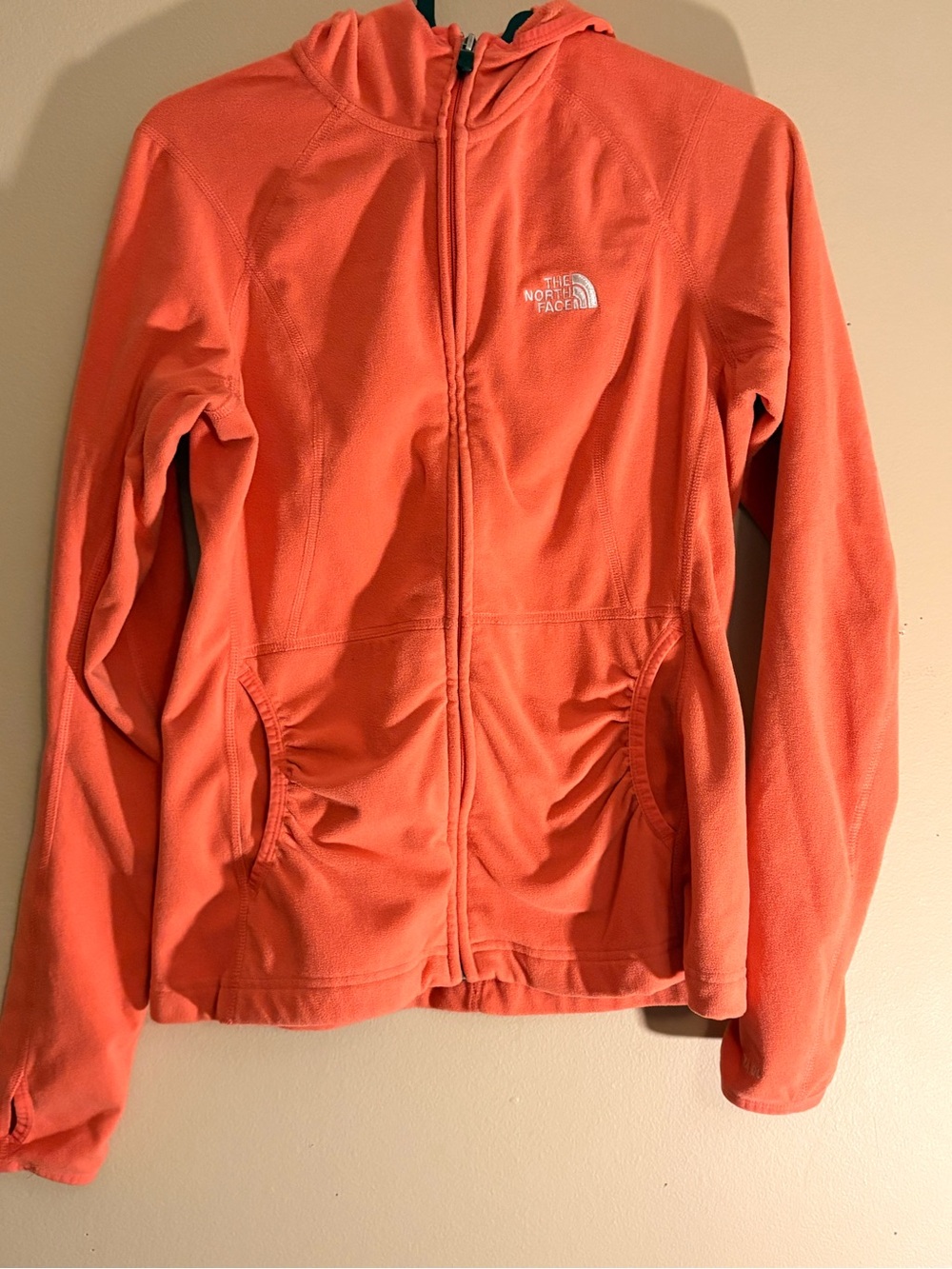 The North Face Women’s TKA100 Masonic ruched full zip fleece hoodie Coral